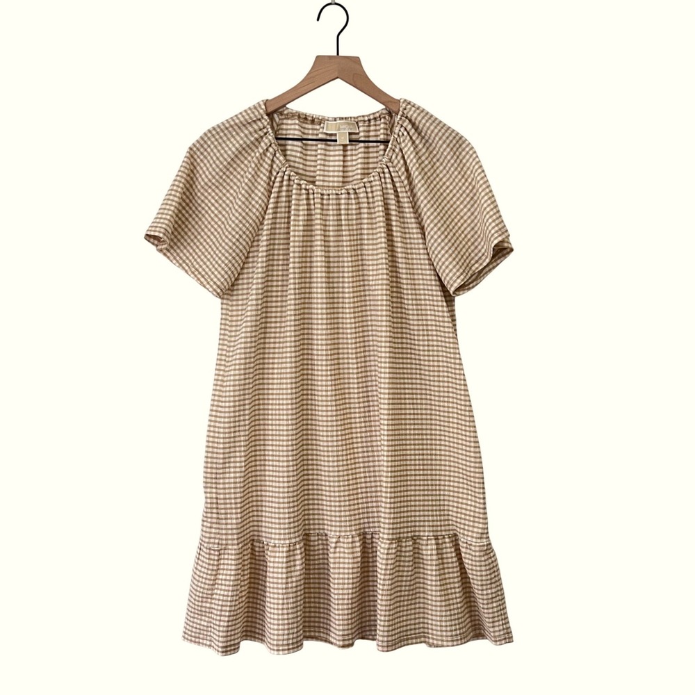 Michael Kors Dress Womens Medium Tan Gingham Check Seersucker Ruffle Cottagecore